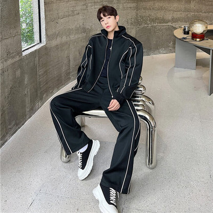 jiaabc New Trend Men's Sport Sets Stand Collar Sweatshirt Straight Loose Pants Fashion Male Cording Design Casual Suits 9A7316