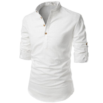 2023 Mens Linen Shirts Casual Long Sleeve Button Solid Loose Autumn Dress Henley Shirts Fashion Male Brand Clothes