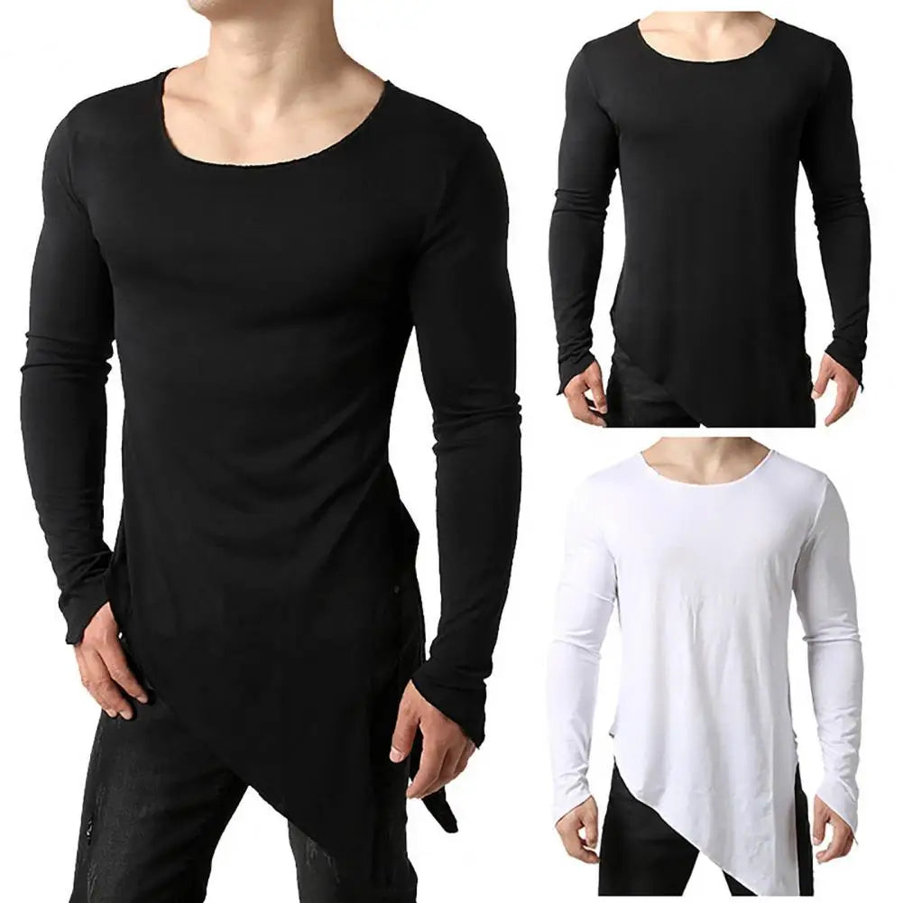 jiaabc Stylish Spring T-shirt  Streetwear Side Split Men T-shirt  Asymmetrical Men T-shirt