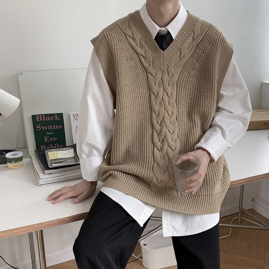 jiaabc Korean Sweater Vest Men's Fashion Solid Color V-neck Knitted Pullover Men Streetwear Loose Autumn Vest Knitting Sweaters Mens