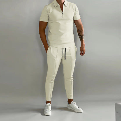 jiaabc Casual Men's Two Piece Suits 2023 Spring Summer Short Sleeve Lapel Zipper Tops And Pants Set Men Fashion Solid Color Tracksuits