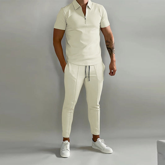 jiaabc Casual Men's Two Piece Suits 2023 Spring Summer Short Sleeve Lapel Zipper Tops And Pants Set Men Fashion Solid Color Tracksuits