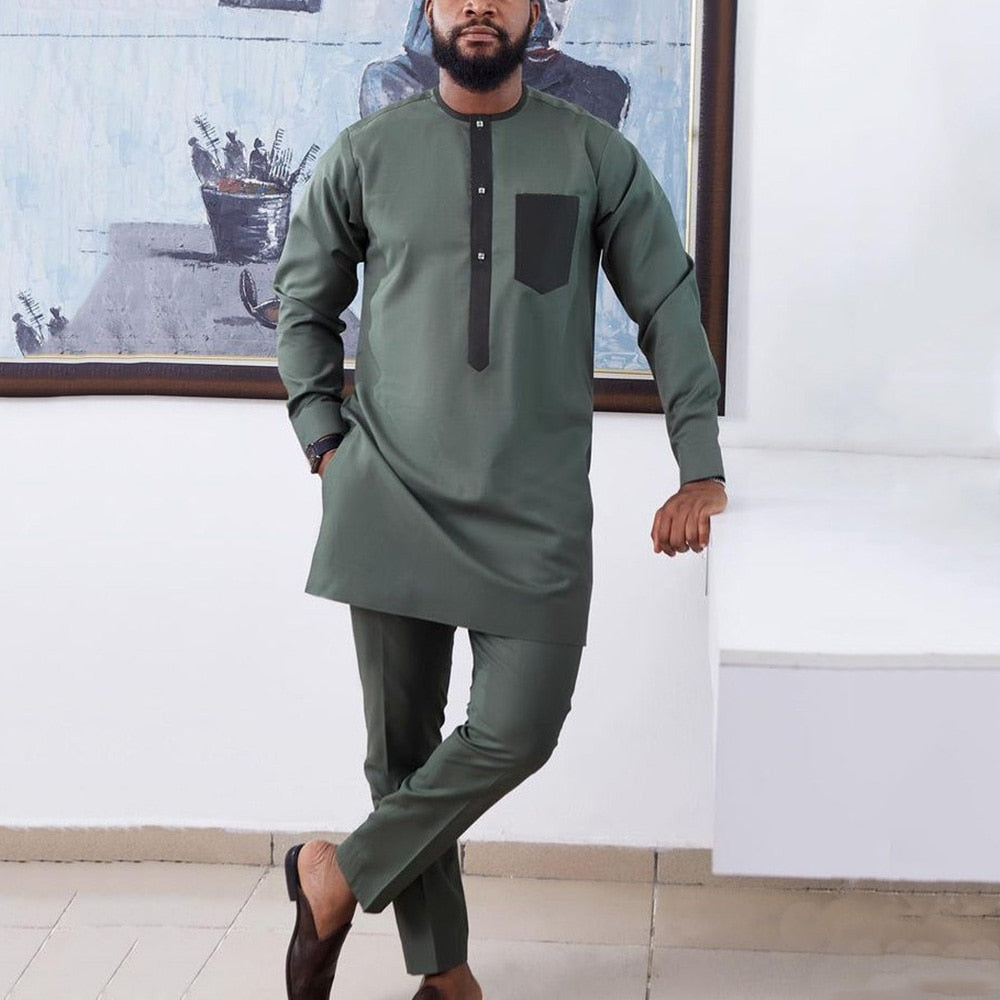 jiaabc Dashiki Man 2 Piece Outfit Long Sleeve Shirt Pant Sets Fashion Youth Cotton Green Social Party Suits African Men Clothing