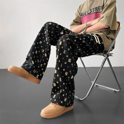 Apricot Black Plaid Pants Men Fashion Retro Hollow Out Pants Men Streetwear Hip-hop Loose Hole Straight Pants Mens Trousers