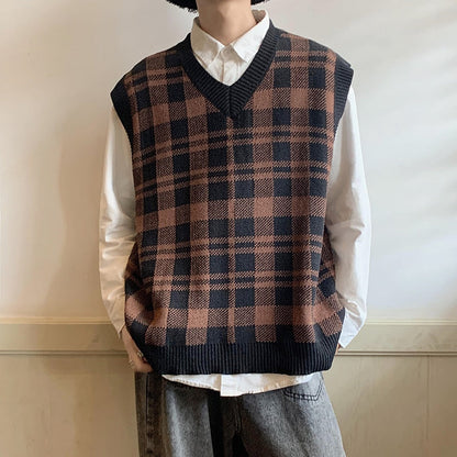 jiaabc Plaid Retro Sweater Vest Men Japanese Design Autumn All-match Preppy Stylish Unisex Clothes Harajuku Fashion Knitting Streetwear