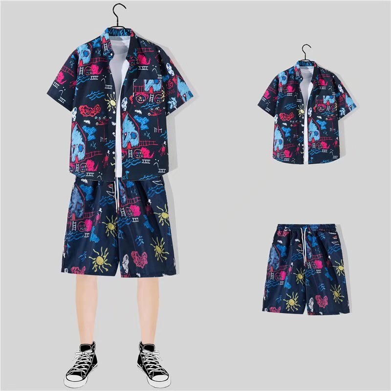 jiaabc 2 Piece Sets Men Beach Fashion M-3XL Baggy Handsome Print Shirts Shorts Hawaiian Holiday Unisex Thin Summer Vintage Clothing Ins