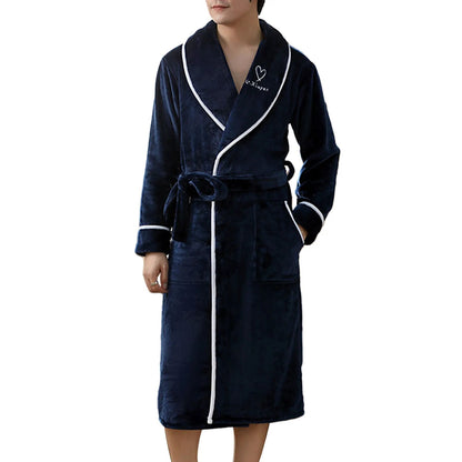 jiaabc Long Sleeve Pocket Belt Solid Color Men Bathrobe Winter Warm Hooded Long Fleece Home Gown Sleepwear