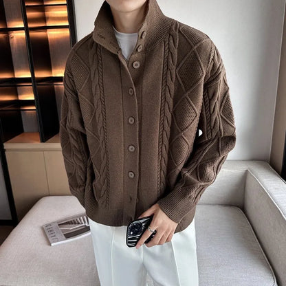 jiaabc Autumn / Winter New Twist Men's Knitted Cardigan Korean Version of Loose Solid Color Sweater Thick Coat High Quality Knit Coat