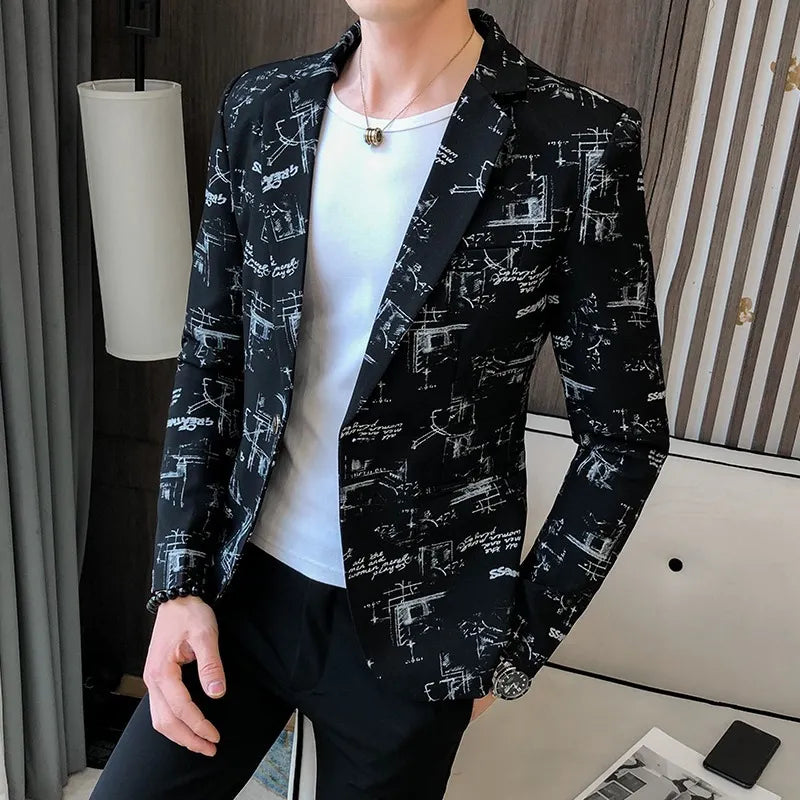 jiaabc Men Blazer Spring Fashion High-quality Men Korean Version of The Printed Slim Formal Wedding Party Prom Suit Jacket