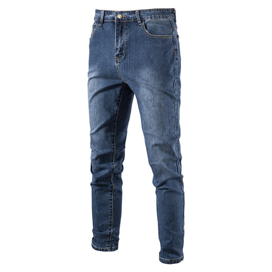 jiaabc Cotton Stretchy Blue Jeans Men Casual Solid Color Mid Waist Mens Denim Pants Autumn High Quality Zipper Jean for Men