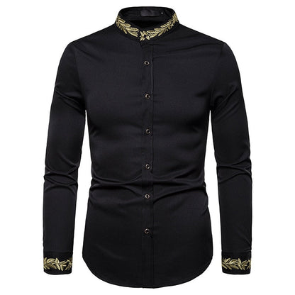 jiaabc Men Spring Autumn Shirt Social Henley Dress Shirt Fashion Long Sleeve Formal Embroidery Tops Clothing Casual camisa masculina