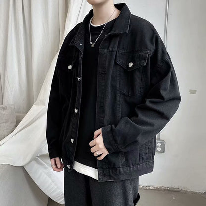 jiaabc Black Denim Short Jacket Men Turn Down Collar Bomber Jacket Jeans Coats Casual Pockets Overalls Streetwear Man Clothing Outwear