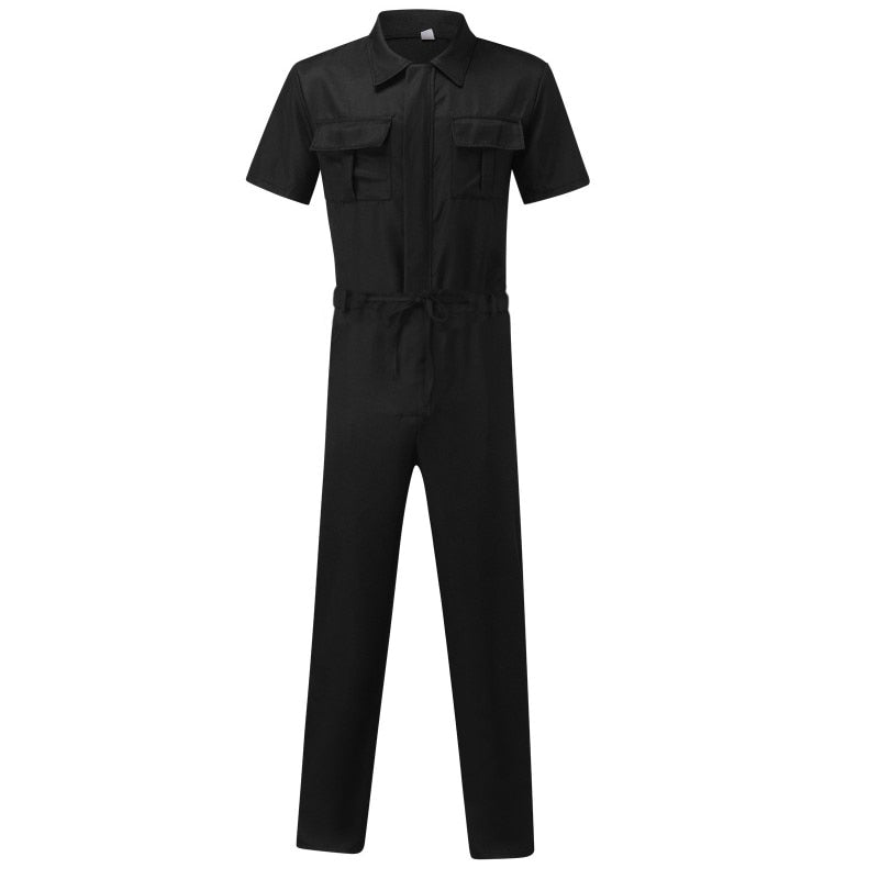 Men's Overalls Casual Streetwear Pocket Solid Color Short Sleeve+Trousers Jumpsuit Fashion Leisure Basic Work Pants