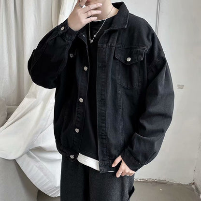 jiaabc Black Denim Short Jacket Men Turn Down Collar Bomber Jacket Jeans Coats Casual Pockets Overalls Streetwear Man Clothing Outwear