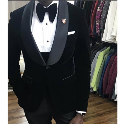 jiaabc Black Velvet Wedding Tuxedo 3 Piece African Men Suits for Prom Slim Fit Groom Male Fashion Costume Jacket Waistcoat with Pants