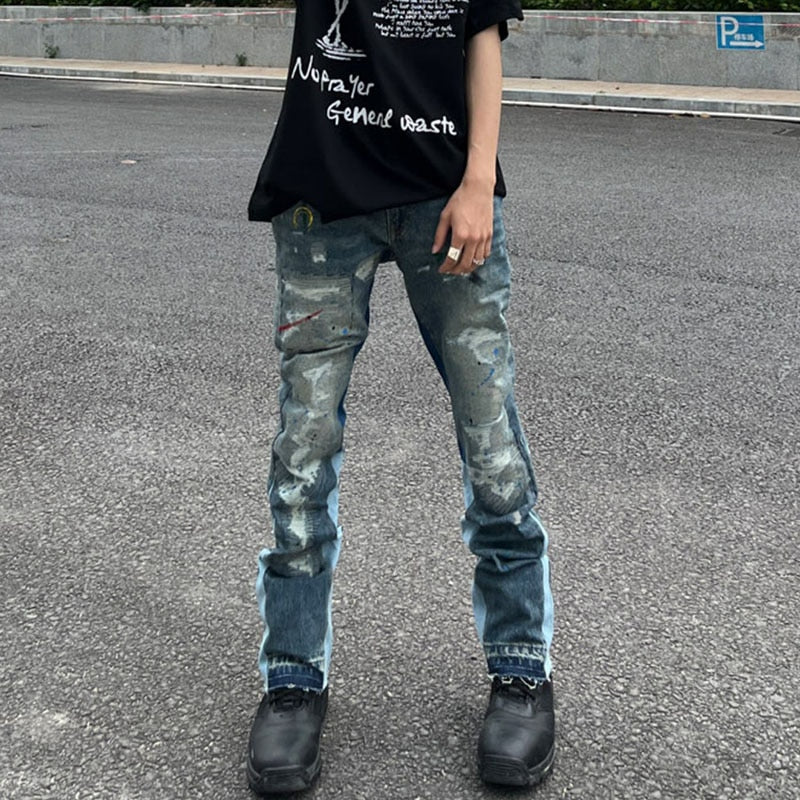 jiaabc High Street Retro Ink Splash Patchwork Ripped Jeans Flare Pants Men and Women Straight Casual Oversized Loose Denim Trousers