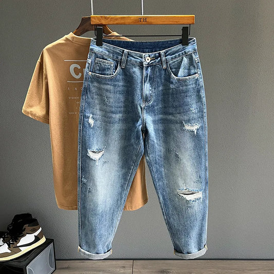 jiaabc Hip Hop Jeans Men Frayed Slim Little Feet Streetwear Blue Ankle Length Denim Trousers Male Casual Fashion Retro Cropped Pants