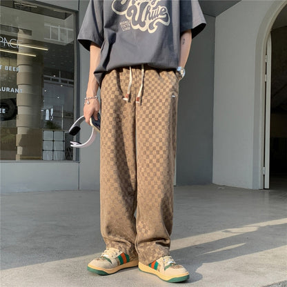 jiaabc 3 Color Plaid Pants Men Fashion Retro Casual Wide Leg Pants Mens Japanese Streetwear Loose Hip Hop Straight Pants Mens Trousers