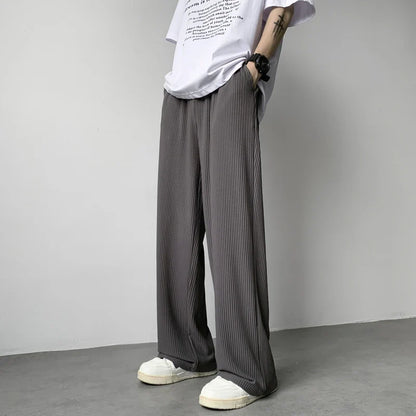 jiaabc Summer Casual Pants Men Fashion Oversized Wide Leg Pants Men Trousers Streetwear Korean Loose Pleated Pants Mens Ice Silk Pants