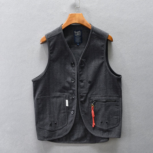 jiaabc Mens Vest Retro Single Breasted Casual Vest Cotton Solid Regular V-Neck Vest Male Outerwear & Coats