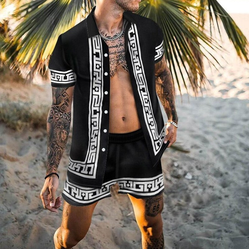 jiaabc Fashion Hawaiian Print Short Sleeve Shirt Set Men's Beach Coconut Print Shorts Men's Daily Beach Shirt Two-piece S-3XL