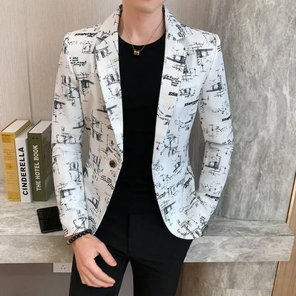 jiaabc Men Blazer Spring Fashion High-quality Men Korean Version of The Printed Slim Formal Wedding Party Prom Suit Jacket