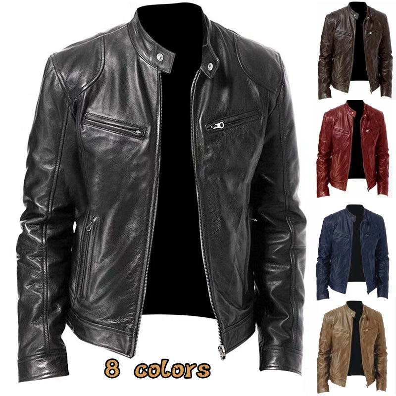 Motorcycle Jacket Mens Slim Fit Short-Coat Collar PU Jackets Winter Autumn Zipper Stand Windproof Leather Coat