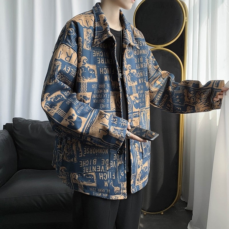 jiaabc  Men's Jacket Lapel Tweed Printing Loose Versatile Fashion Coat Casual Oversize Top