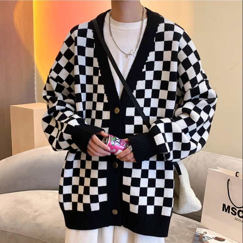 jiaabc Autumn Winter Fashion Man Solid Retro Plaid Casual Men's Loose Tess Cool Boys Knitted Sweater Button Cardigan Coat Warm Sweater