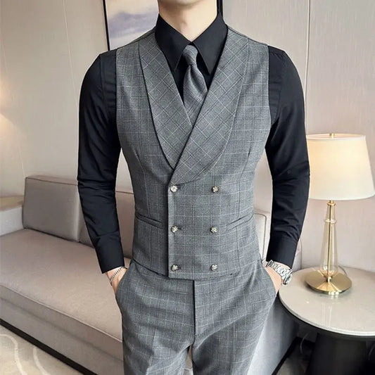 jiaabc Double breasted gray plaid vest men's suit set with striped vest business suit