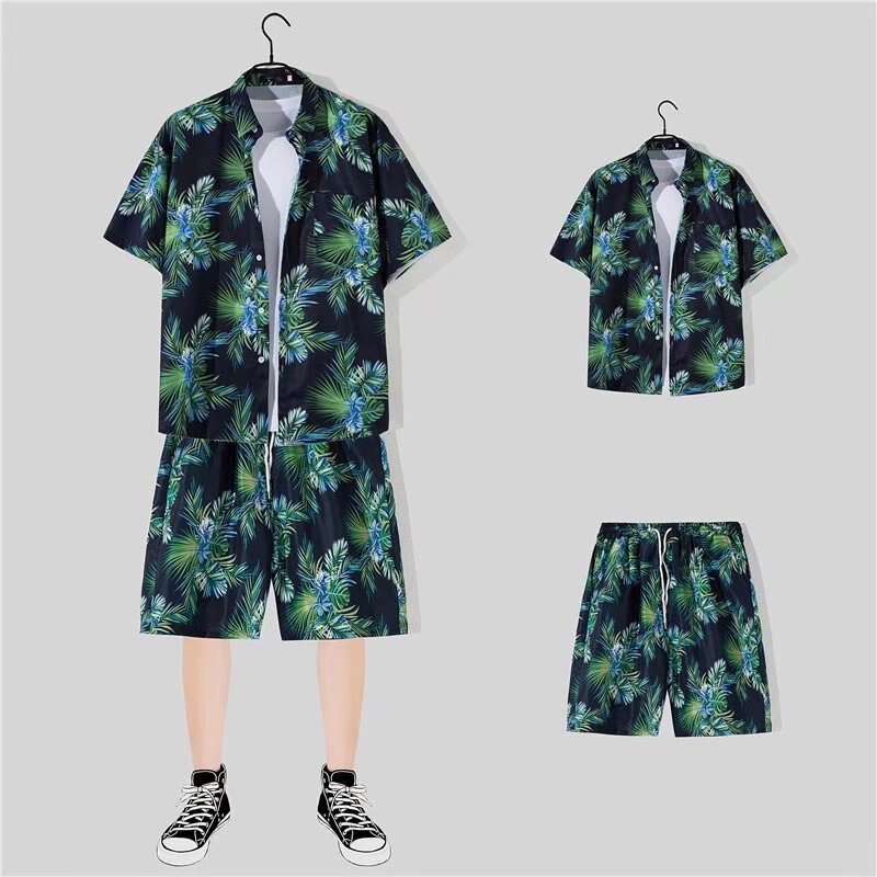 jiaabc 2 Piece Sets Men Beach Fashion M-3XL Baggy Handsome Print Shirts Shorts Hawaiian Holiday Unisex Thin Summer Vintage Clothing Ins