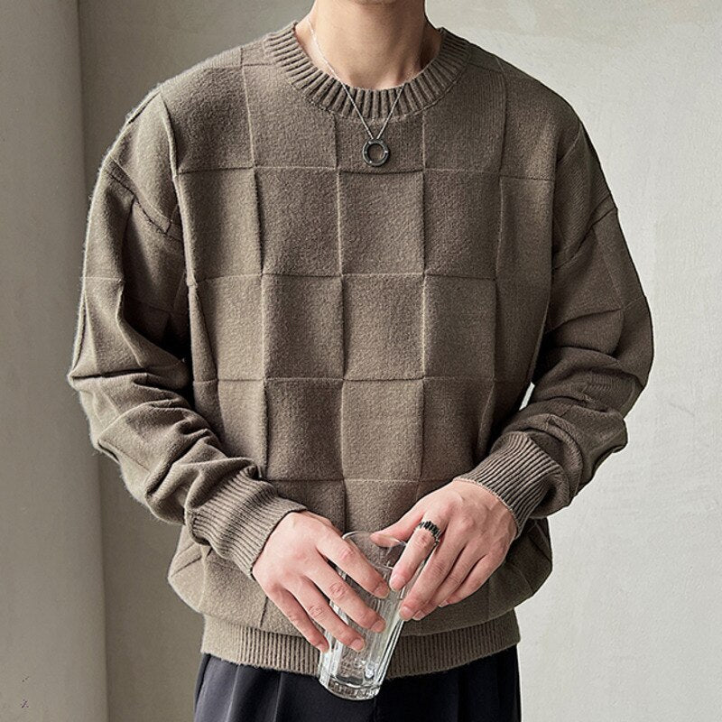 jiaabc Fashion Woven Checkered Knitted Sweater Social Club Outfits Herren Pullover Fall Winter Simple Home Pull Homme Sweater For Men