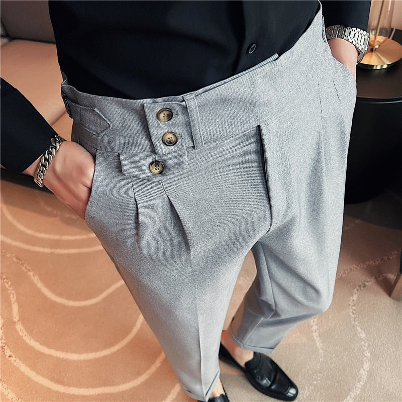 jiaabc British Style Spring New Solid Business Casual Suit Pants High Waist Button Men Formal Pants High Quality Slim Office Trousers