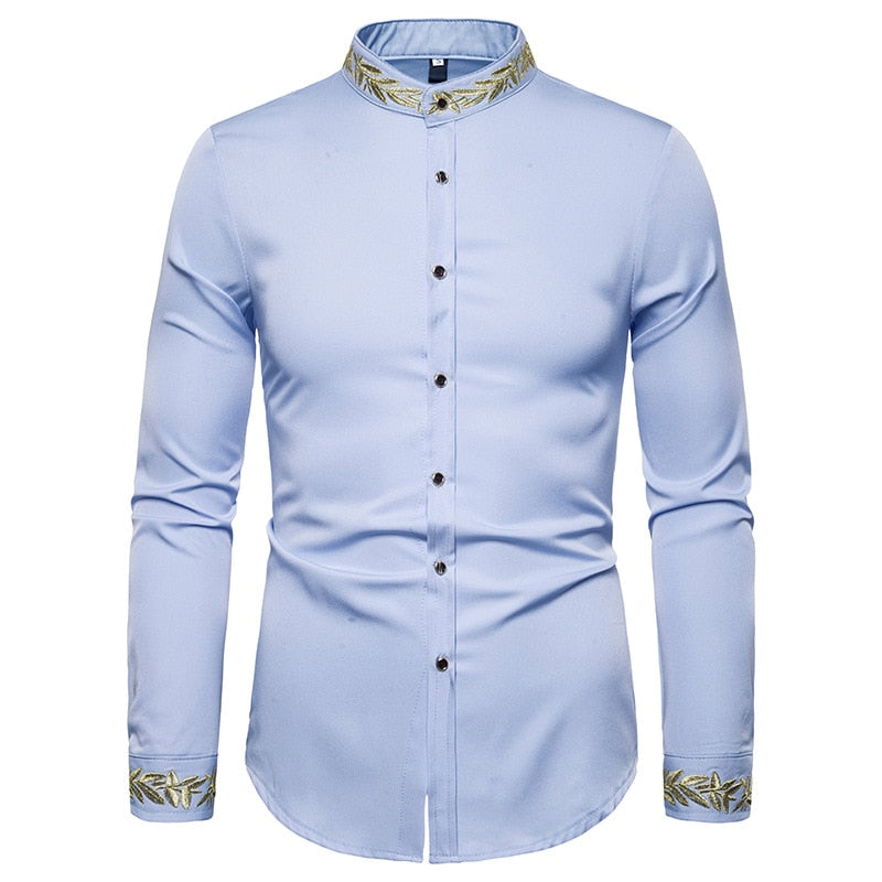 jiaabc Men Spring Autumn Shirt Social Henley Dress Shirt Fashion Long Sleeve Formal Embroidery Tops Clothing Casual camisa masculina