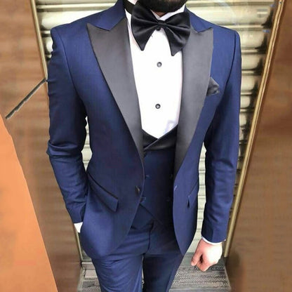 Navy Blue Formal Men Suits Sim Fit for Wedding 3 Pieces Groom Tuxedo Smoking Jacket Vest with Pants Peak Lapel Custom Costume