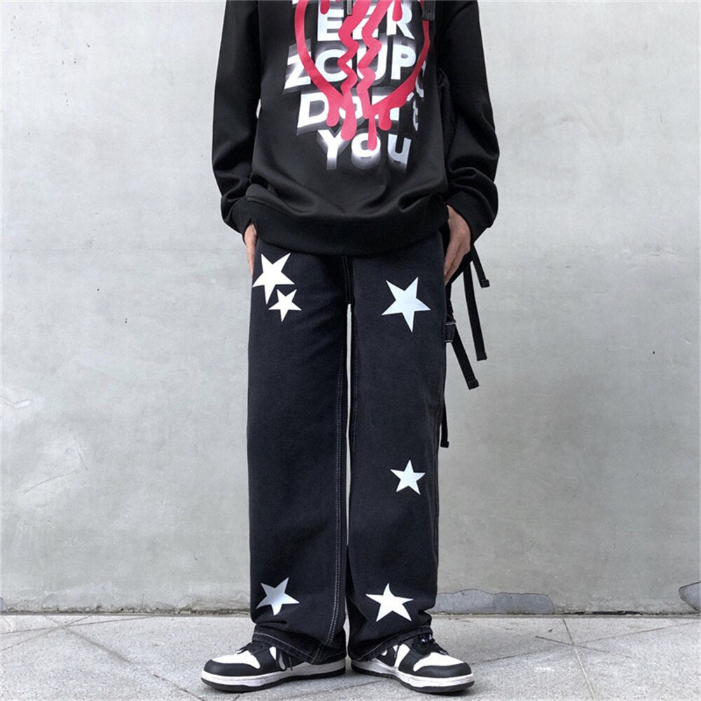 jiaabc Y2K Mens Retro Streetwear Hip Hop Stars Straight Fairy Grunge Jeans for Men Denim Pants Wide Leg Oversized Alt Trousers Clothes