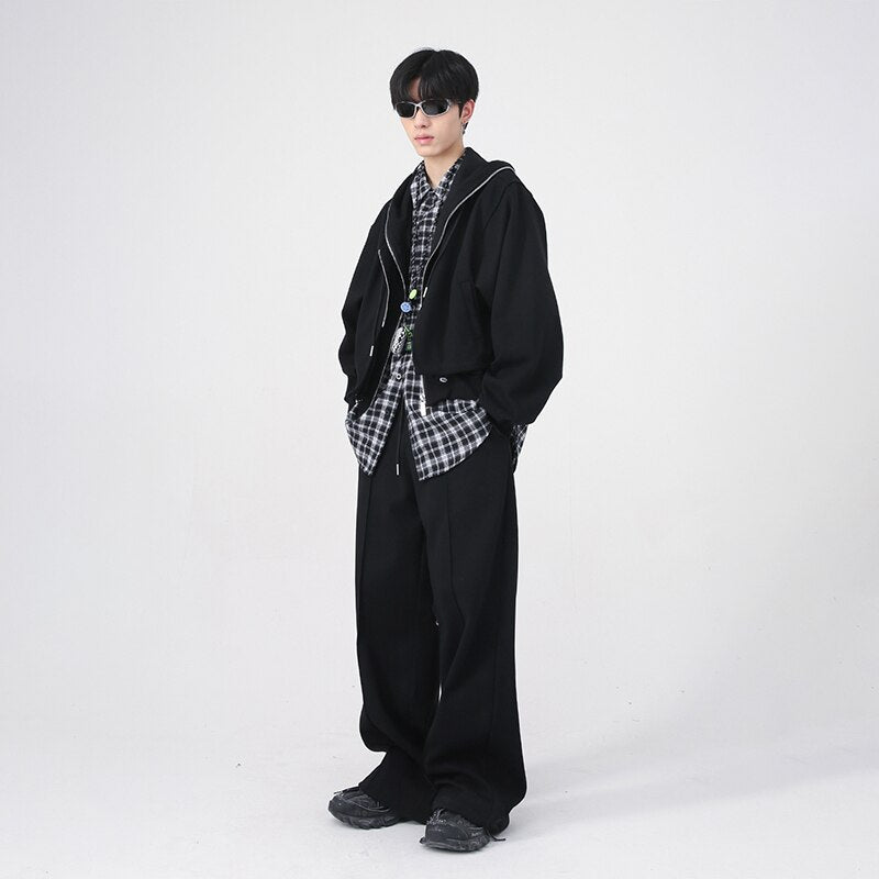 jiaabc Men's Sets Wear New Autumn Korean Fashion Simple Fake Twopiece Sports Suit 2023 Solid Color Wide Leg Casual Pants 9A5873