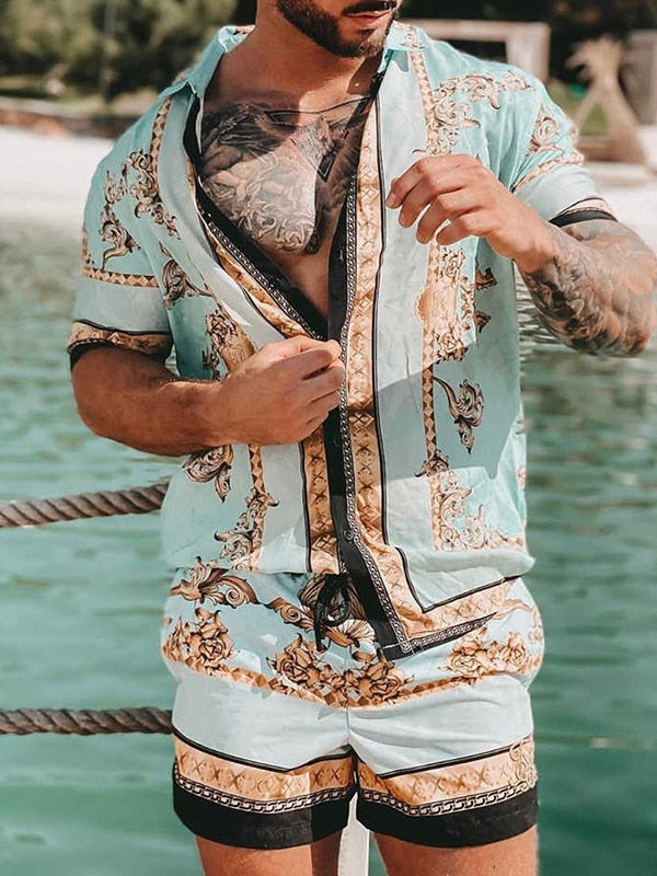 jiaabc hot Hawaiian Set Mens Printing Set Short Sleeve Summer Casual Floral Shirt Beach Two Piece Suit New Fashion Men Sets S-3XL