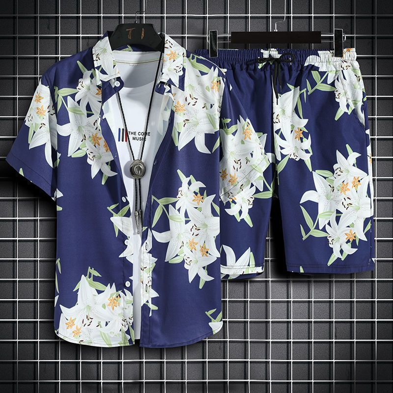 jiaabc Men Summer Beach Floral Shirt 2 Piece Set Fashion Holiday Hawaiian Shirt + Shorts Sets Thin Quick Dry Casual Print Short Sleeve