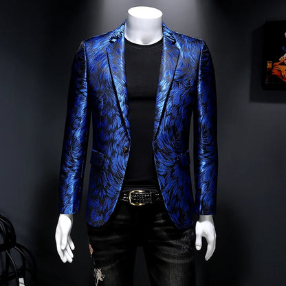 jiaabc Luxury Men Jacquard Slim Fit Blazer Stage Performance Metal Gold Yarn Casual Suit Jacket Formal Stage Costumes