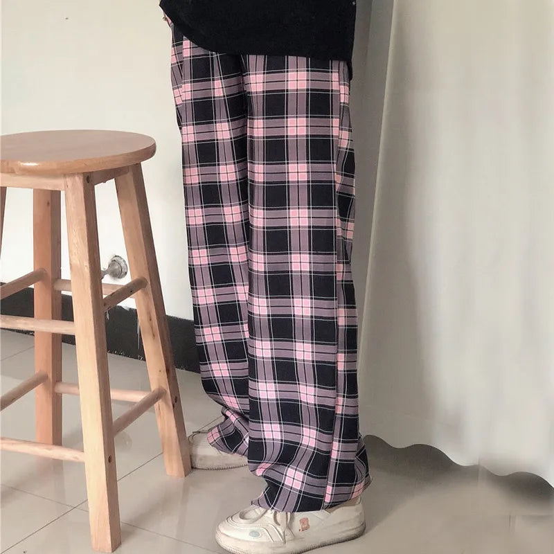 jiaabc Black and Pink Plaid Pants Oversize Women Pants High Waist Loose Wide Leg Trousers Ins Retro Teens Straight Trousers Streetwear