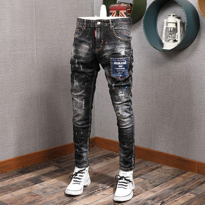 jiaabc Fashion Streetwear Men Jeans Retro Black Blue Elastic Slim Fit Ripped Jeans Men Spliced Designer Embroidery Hip Hop Denim Pants