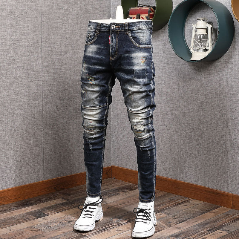 jiaabc Fashion Streetwear Men Jeans Retro Black Blue Elastic Slim Fit Ripped Jeans Men Spliced Designer Embroidery Hip Hop Denim Pants