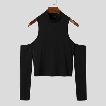 jiaabc Men T Shirt Solid Color Turtleneck Long Sleeve Off Shoulder Casual Camisetas 2023 Hollow Out Streetwear Sexy Crop Tops