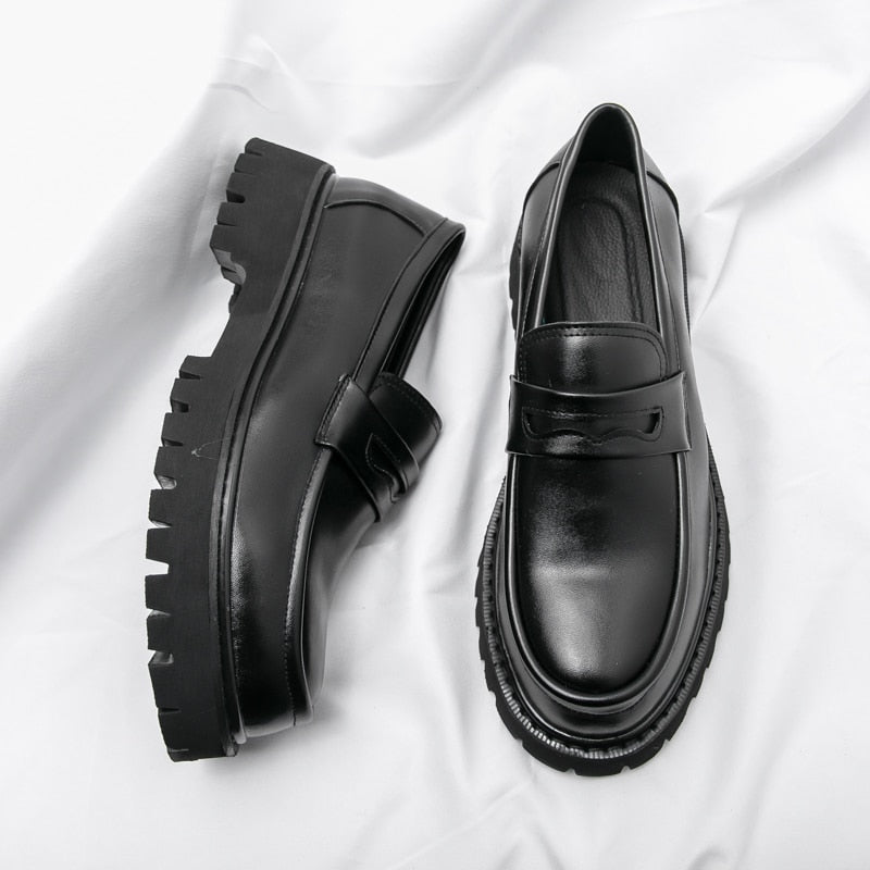 jiaabc New Platform Shoes Loafers Shoes Men Thick-soled Wedding Shoes Black Formal Business Shoes Slip-on Leather Increase Casual Shoes