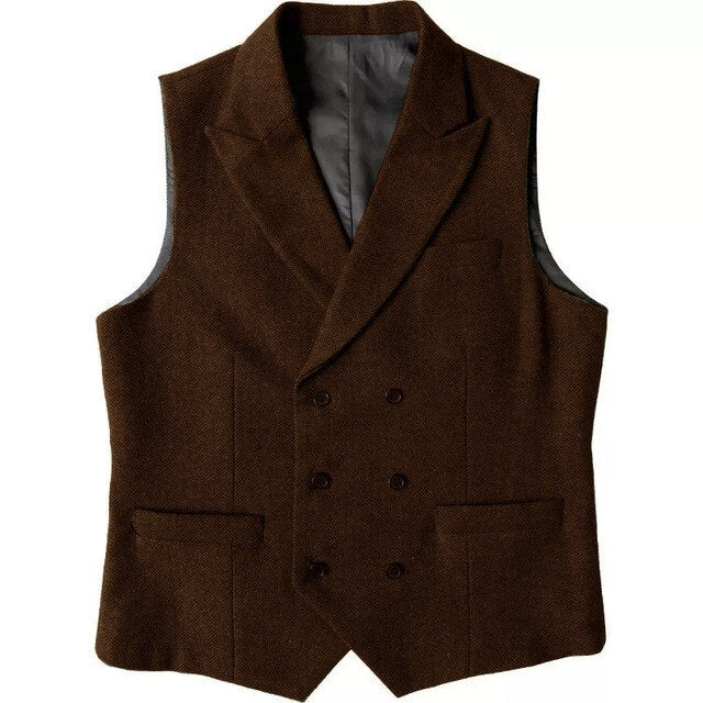 Green Men's Vest Double Breasted Herringbone Winter Wool Tweed Waistcoat Slim Fit Casual Suit Vest Gentleman Wedding Clothes