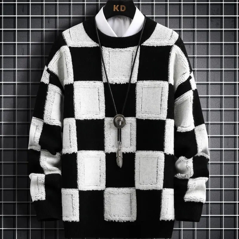 jiaabc New Fall Winter Korean Style Mens Pullovers Sweaters High Quality Thick Warm Cashmere Sweater Men Luxury Plaid Pull Homme