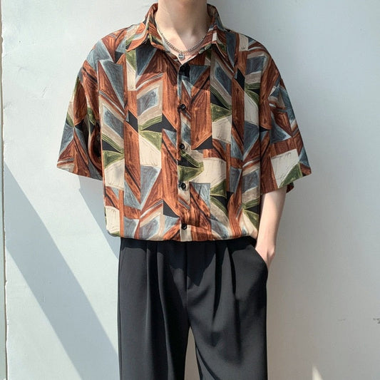 Korean Clothes Flower Shirts for Men Fashion Retro Maple Leaf Short Sleeve Chiffon Beach Hawaiian Casual Floral Print Shirt