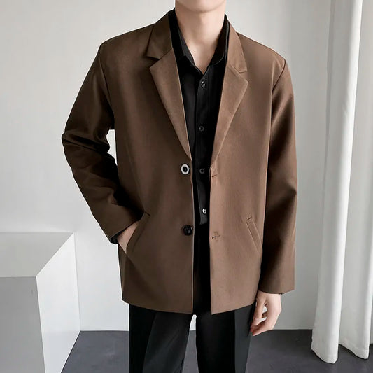 jiaabc Autumn New Fashion Men Blazer Solid Color Lapel Fit Two Buttons Casual Suits Male Brand Clothing Coat Grey Coffee Apricot