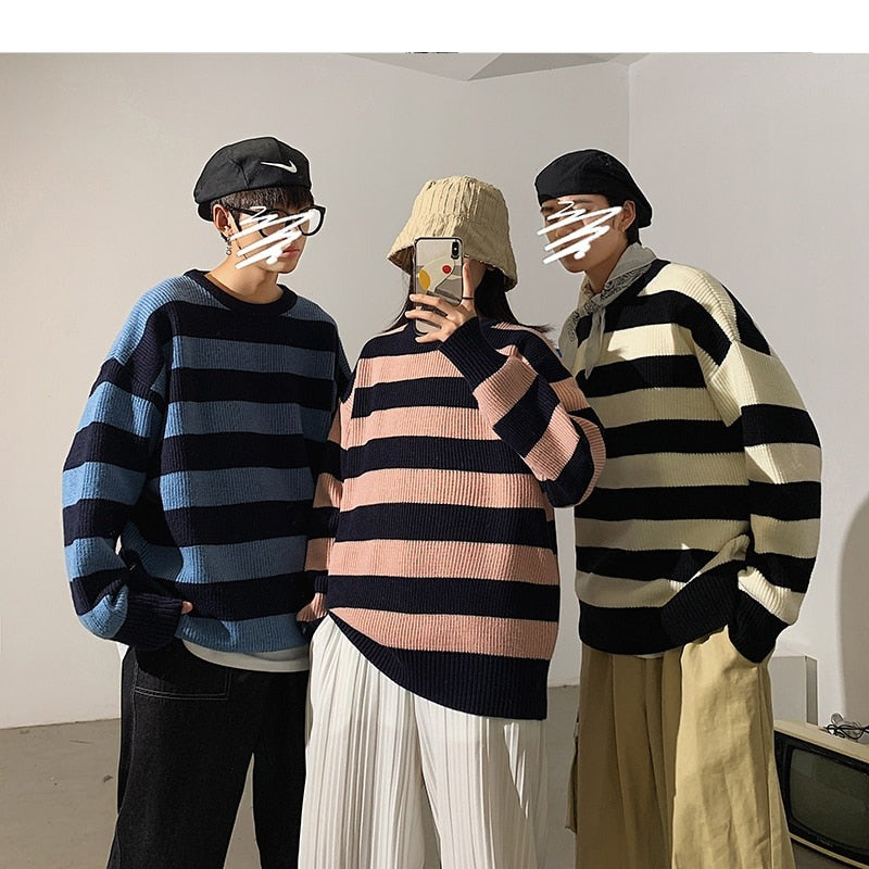 jiaabc Striped Men Sweaters Autumn Men's Pullovers Harajuku Streetwear Tate Landon Sweater Green Striped Sweater Women